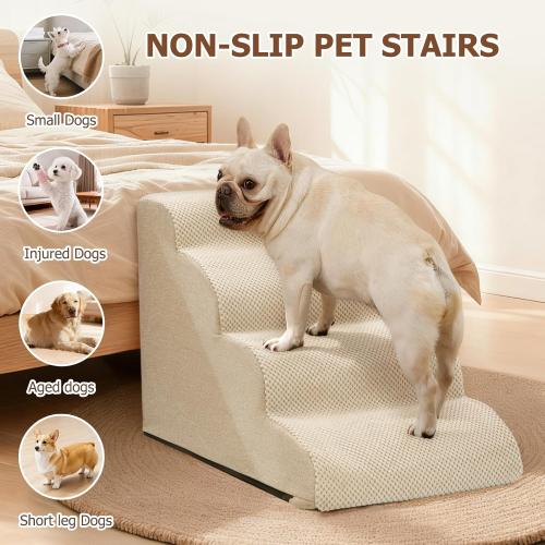 Aodisman Dog Steps for Bed and Couch,4-Step Dog Stairs and Ramp for Small Dogs & Cats,Indoor Anti-Slip Pet Stairs for Old Cats and Puppy,Beige