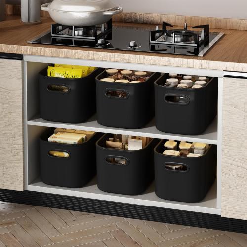 10 Pack Black Plastic Storage Bins, Storage Container for Organizing, Storage Boxes with Handle for Shelves, Cute Organizer Bins for Craft, Snacks, Pantry, Cabinet, 9.69x6.7x5.7 inch