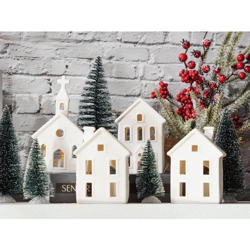 9 Pcs Christmas Village Figurines Sets - 4 Lighted Ceramic Houses with Remote Control & 5 Trees - Christmas Decorations Indoor - White Xmas Holiday Farmhouse Rustic Decor for Home Table Room