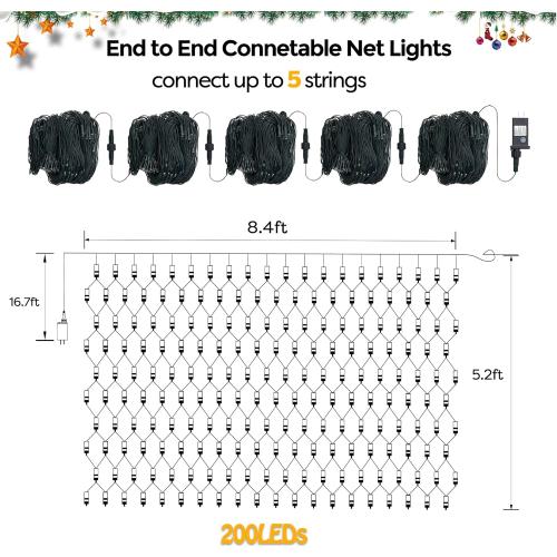 WBao Christmas Lights Outdoor, 200LED 8.4ft x 5.2ft Christmas Net Lights with 8 Modes, Timer, End to End Connectable, Waterproof LED Net Lights for Lawn, Bushes, Trees Xmas Decorations, Warm White