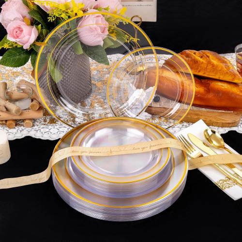 I00000 50 Guests Clear Gold Plastic Plates, Gold Disposable Dinnerware Set Includes: 100 Plastic Plates, 50 Silverware Set, 50 Disposable Cups, 50 Napkins Perfect for Party & Wedding