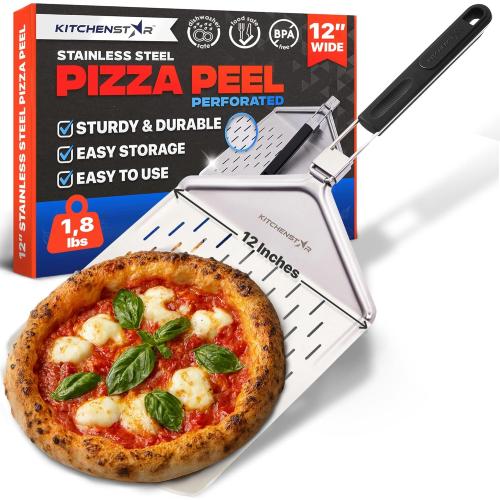 KitchenStar 12-inch Perforated Pizza Peel with Folding Handle - Stainless Steel Spatula Paddle for Effortless Pizza Transfer & Easy Storrage - Dishwasher Safe Pizza Oven Accessories