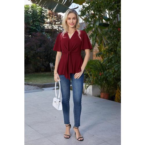 GRACE KARIN 2026 Women's Elegant V Neck Peplum Tops Tie Front Short Bell Sleeve Shirts Tops Blouse 2Xl