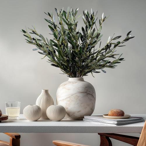 Bailikang 8PCS Premium Artificial Olive Branches for Vases - Realistic PU & Silk Faux Greenery Stems, 3 Sizes, Bendable Wire Stems, Low Maintenance Home/Office/Holiday Decor(No Vase