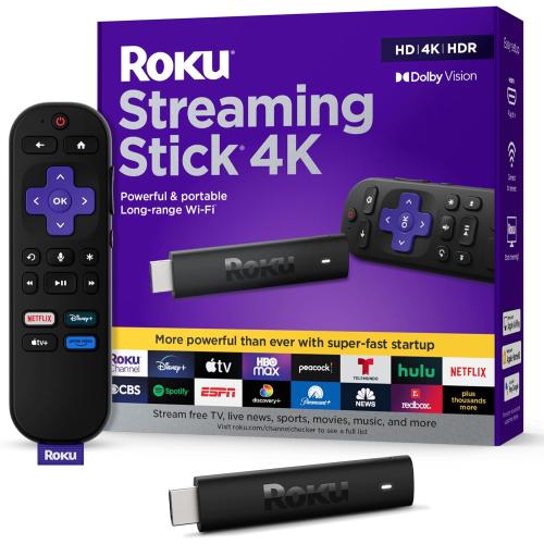 Roku Streaming Stick 4K - HDR & Dolby Vision Roku Streaming Device for TV with Voice Remote & Long-Range Wi-Fi - Free & Live TV