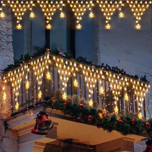 Ramadan Lights Outdoor Decorations 218 LED 13.8ft Star Curtain Fairy Lights with 12 Drops, Clear Wire LED String Light Decor with 8 Modes for Wedding Party Holiday Christmas Home Indoor Outdoor Decor