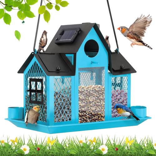 Color Blue Solar Bird Feeders House for Outside Hanging, Metal Wild Bird Feeder for Outdoors, Large Cardinal Bird Feeder Birdhouses Squirrel Proof (Blue)