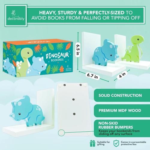 Decorably Dinosaur Book Ends for Shelves - 1 Set Non-Skid Wooden Dinosaur Book Holder, Kids Bookends for Shelves, Baby's Nursery, Classroom