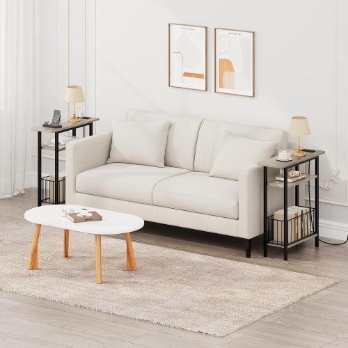 Vagusicc Narrow Side Table with Charging Station, Skinny Side End Table for Couch, 3-Tier Small End Tables for Small Spaces, 25.2 Tall Slim Nightstand Bedside Table for Living Room, Bedroom, Greige