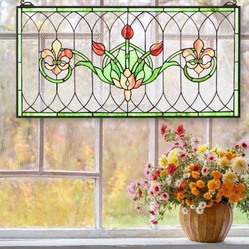 Maxdot 32x16 Stained Glass Transom Window Panel, Large Horizontal Tulips & Irises Handcrafted Hanging Decor with Chain, Vintage Home Decor & Ideal Gift for Art Enthusiasts