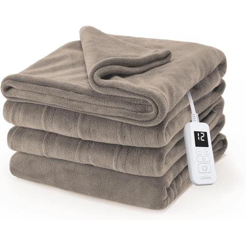 Sunbeam Electric Royal Luxe Microplush Heated Blanket, 12 Heat Settings, 12-Hour Auto Shut-Off, Fast Heating, Warm & Cozy, Machine Washable, Mushroom Color, Twin (84 x 62)
