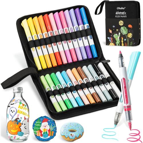 Ohuhu Acrylic Paint Markers Dual Tips  Colors Brush & Bullet Automatic Ink Control Acrylic Markers High Opacity Paint Pens Waterproof for Rock Painting 3D Prints Easter Egg Wood DIY Crafts - Waimoku