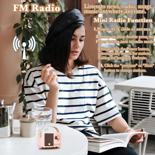 Retro Bluetooth Speaker, Wireless Mini Portable Speakers Vintage Radio Support USB/TF Card/AUX, Cute Bluetooth Speaker for Kitchen Desk Bedroom Office, Birthday Gifts for Women Teenage, Pink