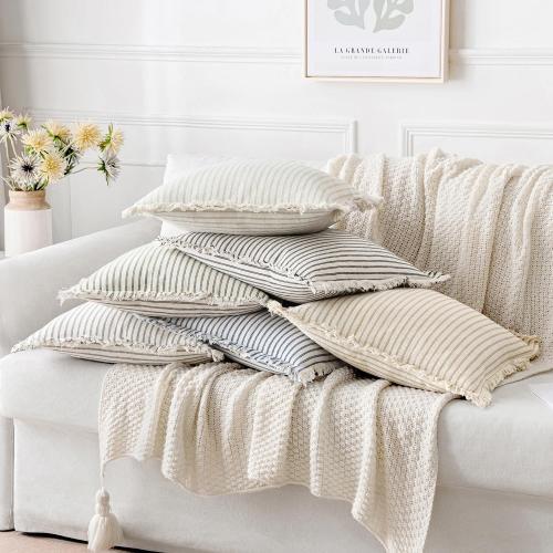 MIULEE Pack of 2 Khaki Pillow Covers 18x18 Inch Striped Farmhouse Couch Throw Pillow Covers with Fringe Chic Linen Decorative Cushion Covers for Sofa Living Room Bed Outdoor Home Decor