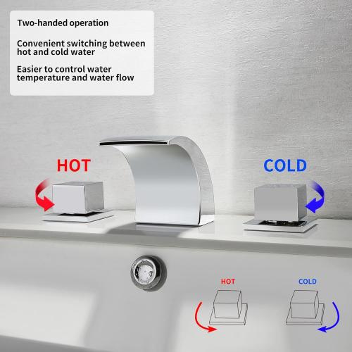 SKOWLL Polished Chrome Deck Mount Bathroom Faucet, 2 Handle Modern LED Waterfall Vanity Sink Faucet, 8 Inch Widespread Lavatroy Sink Faucets