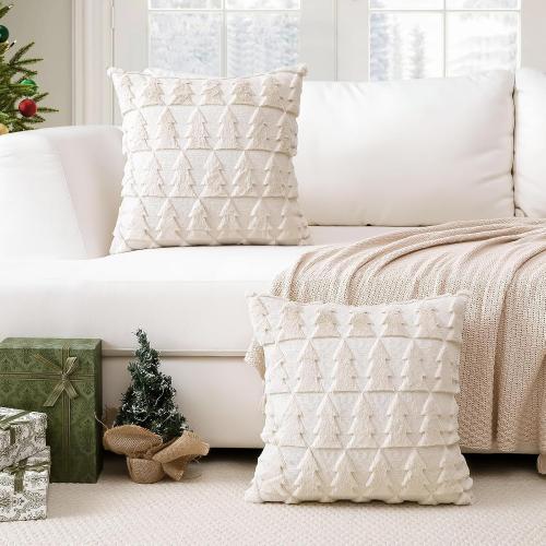 OTOSTAR Set of 2 Soft Plush Short Wool Velvet Decorative Throw Pillow Covers Square Luxury Style Cushion Case Pillow Shell for Sofa Bedroom Christmas Tree Cream Beige, 22x22 Inch