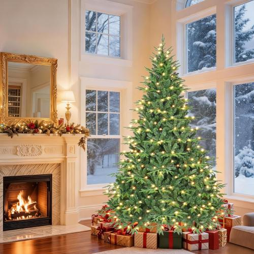 6.5ft Prelit Artificial Christmas Tree with 2368 PE PVC Tips, Premium Pre-Lit Holiday Xmas Tree with 300 UL Incandescent Lights, Metal Hinges & Foldable Base for Home Office Party, Green