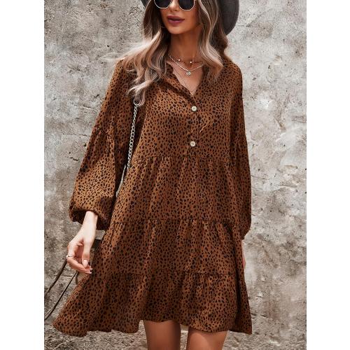 Size M... Womens Long Sleeve Dress: Leopard Printed Tunic Casual Loose V Neck Fall Flowy Mini Dresses