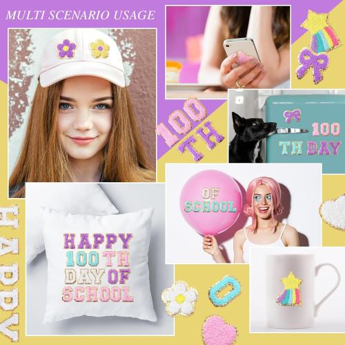 Yungyan 104 Pcs 100 Day of School DIY Shirt Letter Patches Chenille Self-adhesive for Teacher Backpack Cloth Preppy Embroidery Sticker Cute Star Heart Rainbow Patch Craft Hat Iron on Activity Supplies