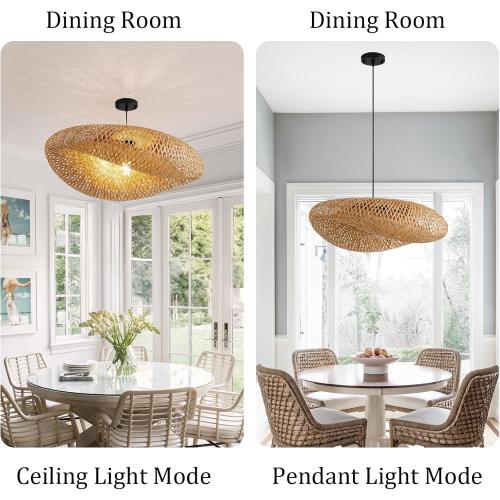 Hand Woven Bamboo Pendant Light,23.62 in Bamboo Rattan Ceiling Hanging Light Hand Woven Wicker Chandelier for Living Room Kitchen Dining Room Farmhouse