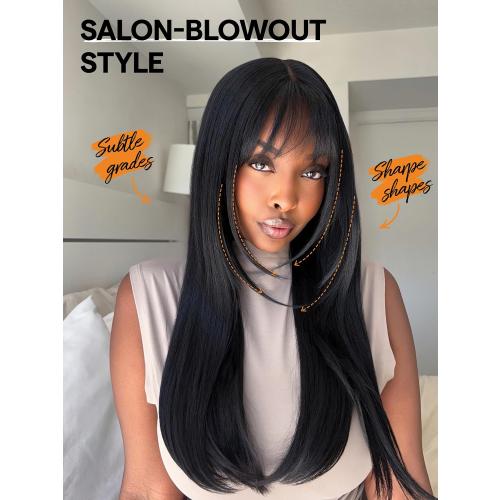 GORGIUS Layered Wigs with Bangs Ready to Go Straight Wig with Bangs 22 Inch Put On Go Black Bang Wigs Crafted with Style-Archive Synthetic Fiber Natural Pre-Plucked Hairline