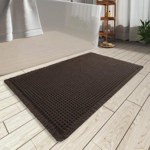 AMOAMI Upgraded Waffle Bath Mat, Super Absorbent Non Slip Bath Mats for Bathroom Floor, Washable Bathroom Rugs with Tassels, Rubber Backed Bathroom Mats, Ultra Soft, 17 x 24, Chocolate