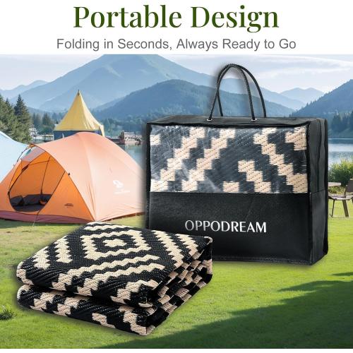 OPPODREAM Outdoor Rug 5x7, Plastic Straw Rug for Patio, Beige & Black | Reversible Checkered, Waterproof Carpet for Balcony, Porch, Backyard, Deck, Camping, RV