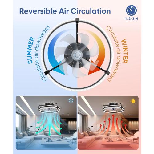 Ceiling Fan with Lights, 20'' Low Profile Ceiling Fans, 3000-6500K Dimmable Fandelier LED Fan Light, Black Modern Flush Mount Ceiling Fan, 6 Speeds Reversible DC Motor Noiseless for Bedroom, Kids Room