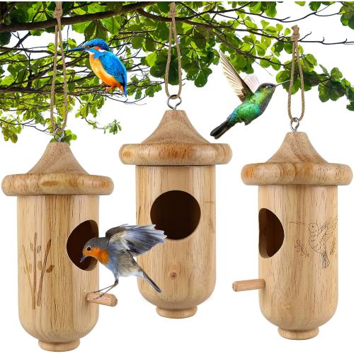 Hummingbird House for Outside Hanging, Wooden Hummingbird Gifts Nest 3 Pack with Hemp Ropes, Gardening Gifts Humming Bird Houses Home Decoration