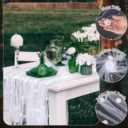 Lounsweer 3 Pcs Tulle Table Runner 10ft Embroidery Table Runner Tulle Fabric Wedding Lace Tablecloth for Bridal Shower Veil Baby Shower Sweetheart Birthday Home Decorations (White,Pearl)