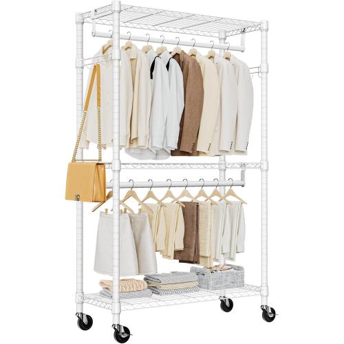 Heavy Duty Rolling Garment Rack 3 Tiers Adjustable Wire Shelving Clothes Rack with 2 Rods and Side Hooks,Storage Closet Clothing Rack with Wheels White 15.7 D x 29.5 W x 74.5 H