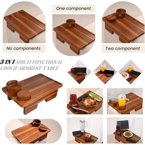 GEHE Real Acacia Wood Couch Armrest Table, 15.4x9.8 Couch Arm Tray Table, 3 in 1 Removable Sofa Cup Holder wtih 360° Rotated Phone Holder, Clip on Armrest Tray for Drinks, Snacks, Phone, Control
