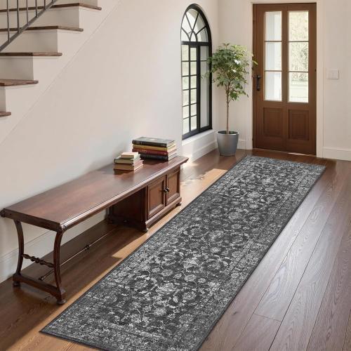 Washable Area Rug 2.6x8 Black Runner Rugs for Living Room, Vintage Boho Hallway Large Rug for Bedroom Dining Room Office, Distressed Floral Carpet for Under Table, Soft Non Slip Low Pile Throw Carpet