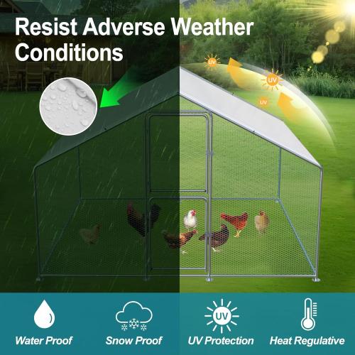 Silver 10ft x 20ft Large Chicken Coop, Chicken Coops for 30 Chickens, Chicken Runs for Yard with Water Poof & UV Resistance Cover, Spire Roof Chicken Coop Run with Double Lockable Doors for Outdoor Backyard