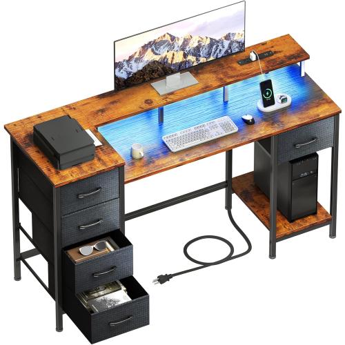 47 Inch Computer Gaming Desk with Power Outlets LED Lights Reversible Home Office with Adjustable Fabric Storage Drawers for Working Writing Study, Rustic Brown