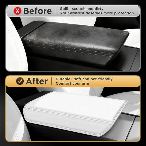 for Tesla Model Y Juniper(2025-2026) & Model 3(2024-2026) Leather Center Console Cover [Soft Touch & Match Seat Color] Armrest Cover for Tesla Model 3 & Model Y Juniper Accessories White
