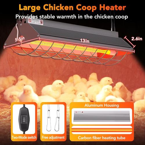Large Heat Lamp for Chickens, 300W Carbon Fiber Chicken Coop Heater with 2 Heat Modes, Adjustable Hanging Brooder Heater Plate, Chicken Heater for Coop Poultry, Ideal Chicken Coop Accessories