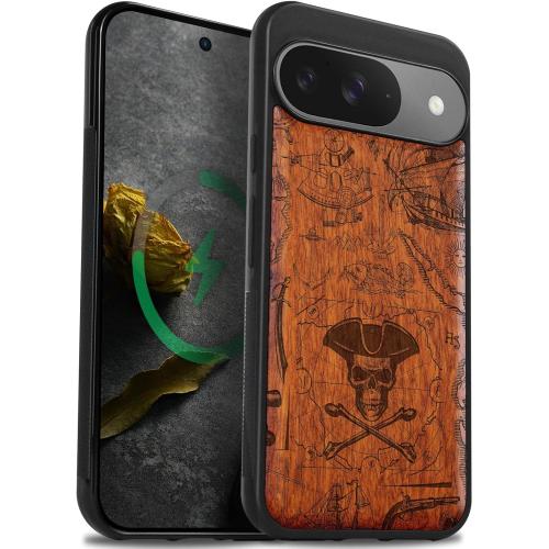 Carveit Magnetic Wooden Case for Google Pixel 9 Case, Wood Artisan Engraved & Soft TPU Shockproof Cover, Compatible with MagSafe Wireless Chargers (Pirate Flag) Rosy