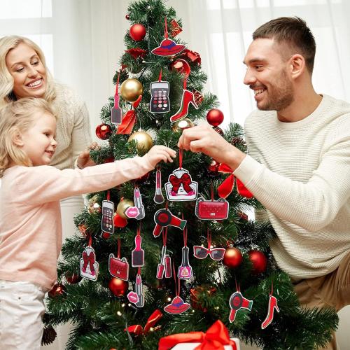Blulu 12 Pieces Christmas Makeup Ornaments Wooden High Heels and Lipsticks Hair Salon Ornament for Christmas Tree Hanging Decor (Beauty Style)