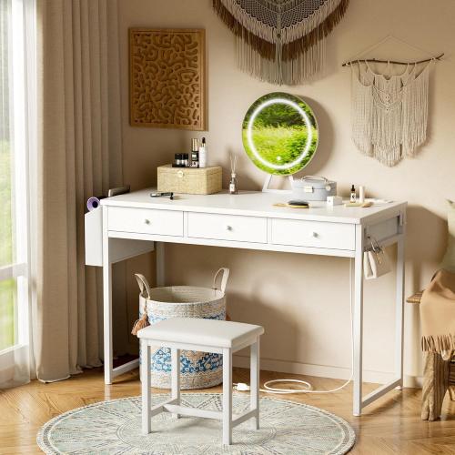 Girls Vanity Desk with Mirror and Lights Small Makeup Vanitys Set with Chair Fabric Drawers Power Outlet, Dressing Table Vanities for Kids Bedroom 40“ White