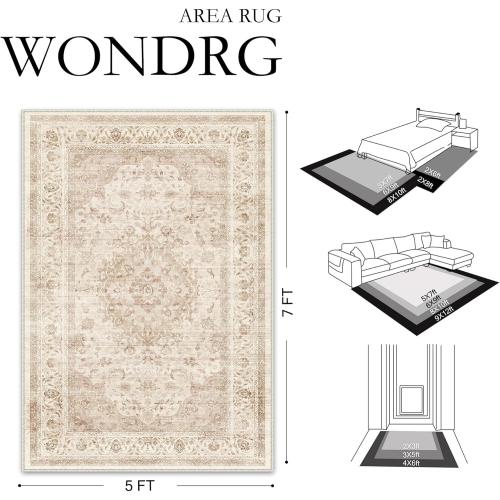 9x12 Beige Washable Vintage Area Rug for Living Room Bedroom Soft Tranditional Non Slip Large Throw Rug Lightweight Floral Low Pile Distressed Carpet Office Playroom Home Decor