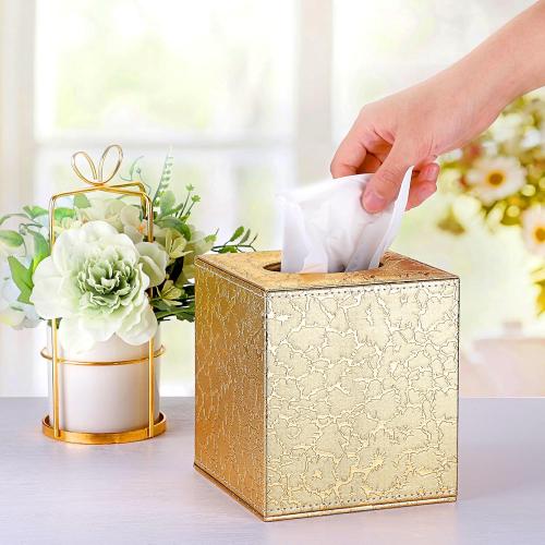 Sumnacon Square Leather Tissue Box Cover - Stylish Cube Tissue Box Holder with Magnetic Bottom, Decorative PU Tissue Box for Vanity Dresser Night Stand Table Countertop Home Office Car, Gold