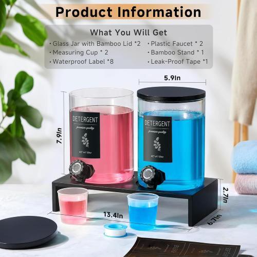 Glass Laundry Detergent Dispenser with Shelf & Black Bamboo Lid - 120 Oz Liquid Detergent, Laundry Soap & Fabric Softener Dispenser for Laundry Room Organization and Storage with 2 Cups & 8 Labels