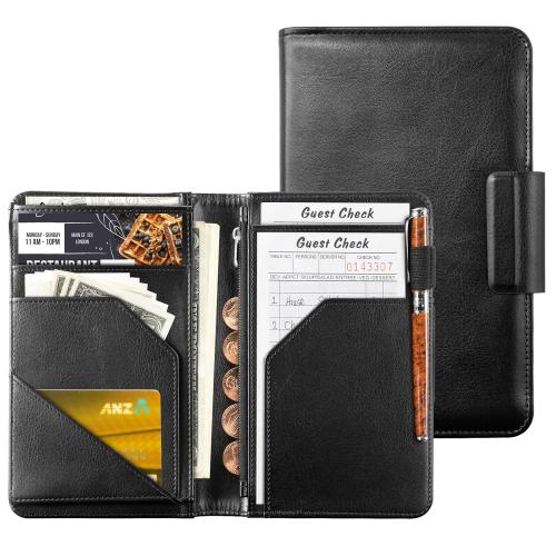 CoBak Premium Server Book - 5.12 x 7.91 Waiter Wallet Organizer in High-Quality Leather, with 8 Pockets, Magnetic Pocket, Zipper Pouch, Pen Hook & Magnetic Closure.Fits Apron Pocket.