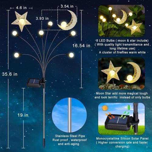 Solar Firefly Lights Outdoor Moon Star Sun Projection Stake Lights - Waterproof Solar Powered Garden Lights for Pathway, Yard, Patio Decor Warm White