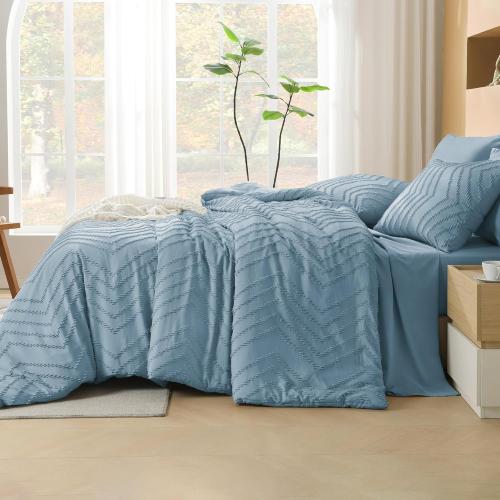 Litanika Grayish Blue King Size Comforter Set with Sheets - 7 Pieces Bed in a Bag King Chevron Tufted Complete Bedding Sets with Comforter, Sheets, Pillowcases & Shams