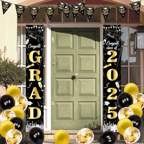Graduation Decorations 2025, Black and Gold Graduation Decorations Class of 2025 Congrats Grad Backdrop Banner Porch Sign with for Graduation Party Decorations 2025 Graduation Decor