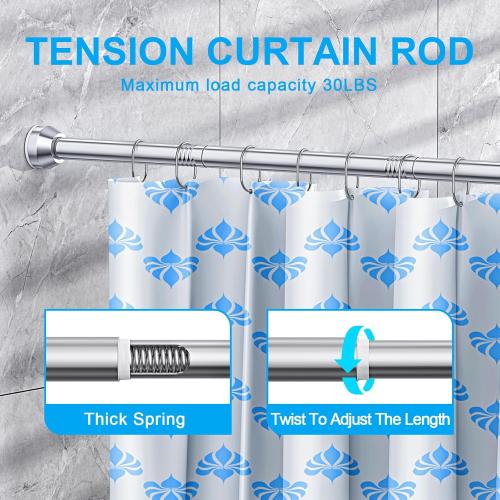 TEECK Shower Curtain Rod, 27-76 inch Adjustable Tension Spring, Shower Curtain Rod Tension, Premium Stainless Steel, Anti-Slip, No Drilling, No Rust, for Bathroom, Silver