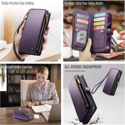 Defencase Compatible with iPhone 16 Pro Case Wallet with RFID Blocking Card Holder for Women Men, Soft PU Leather Magnetic Snap Flip Zipper Strap Wallet Phone Case Fit for iPhone 16 Pro 6.3, Purple | RFID Blocking, Card Holder, for Women Men, Soft PU Lea