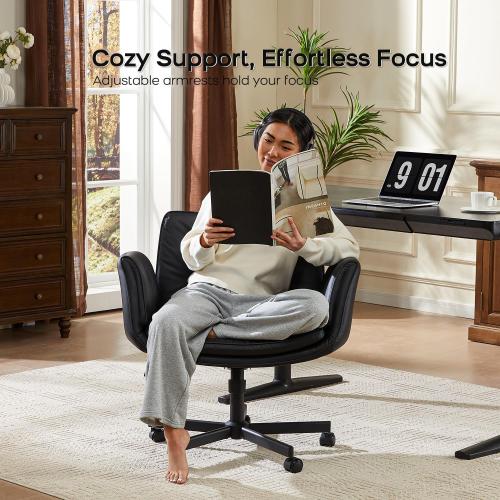 amseatec Criss Cross Chair with Armrests & Wheels, PU Leather Vanity Chair, Comfortable Adjustable Swivel Computer Office Desk Chairs for Home, Make Up, Bed Room (Black)